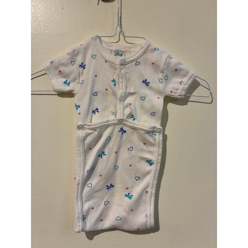 Vintage Lightning Bug Baby Bodysuit Hearts Bows White Cotton Snap Front 3-6M